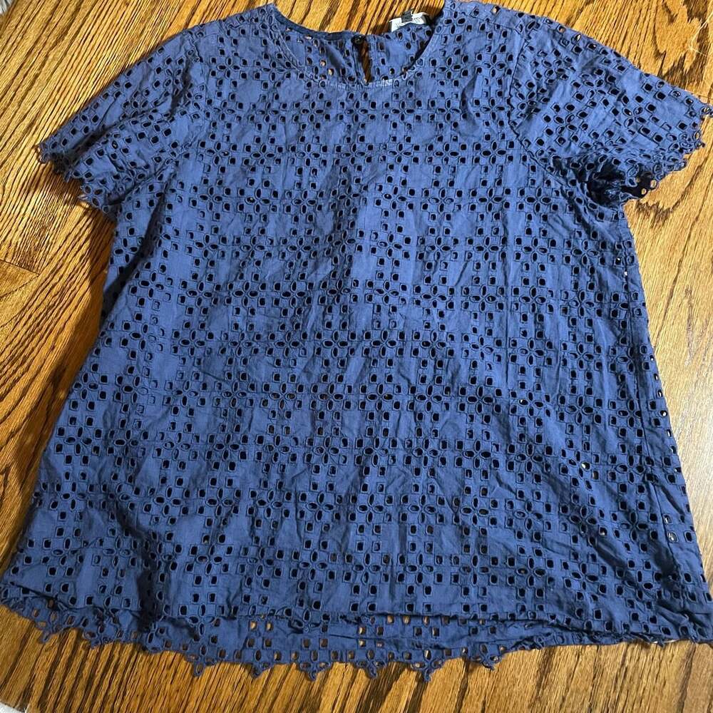 Madewell Eyelet Short Sleeve Top Size M Blue Cotton Blouse